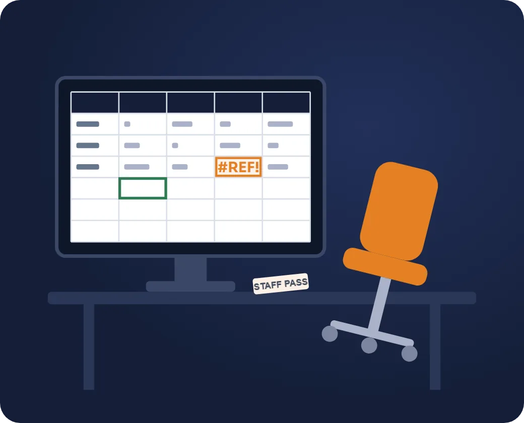 An empty office chair beside a half-finished spreadsheet showing an error